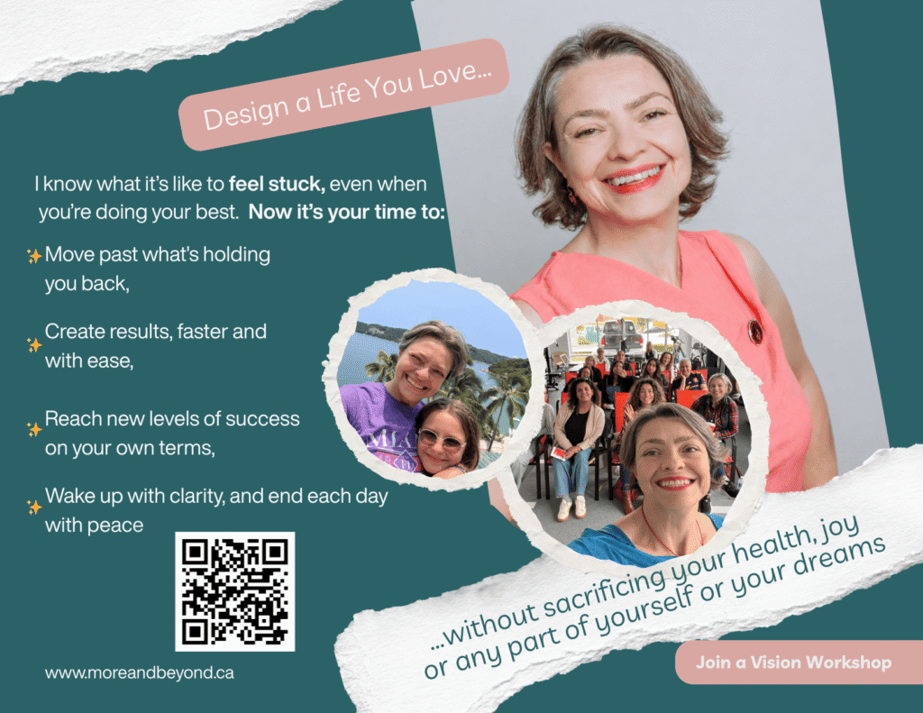 Flyer of a vision workshop image of a life coach with her daughter and another image with a group of women all smilling