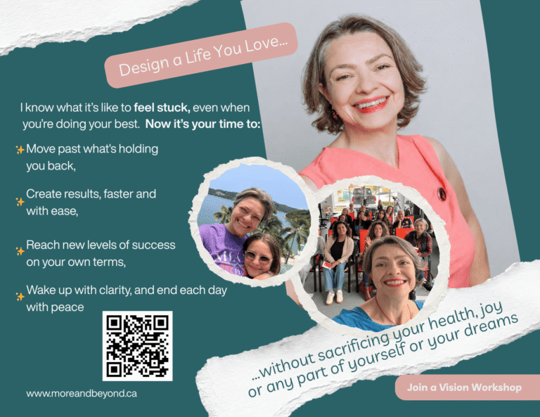 Flyer of a vision workshop image of a life coach with her daughter and another image with a group of women all smilling